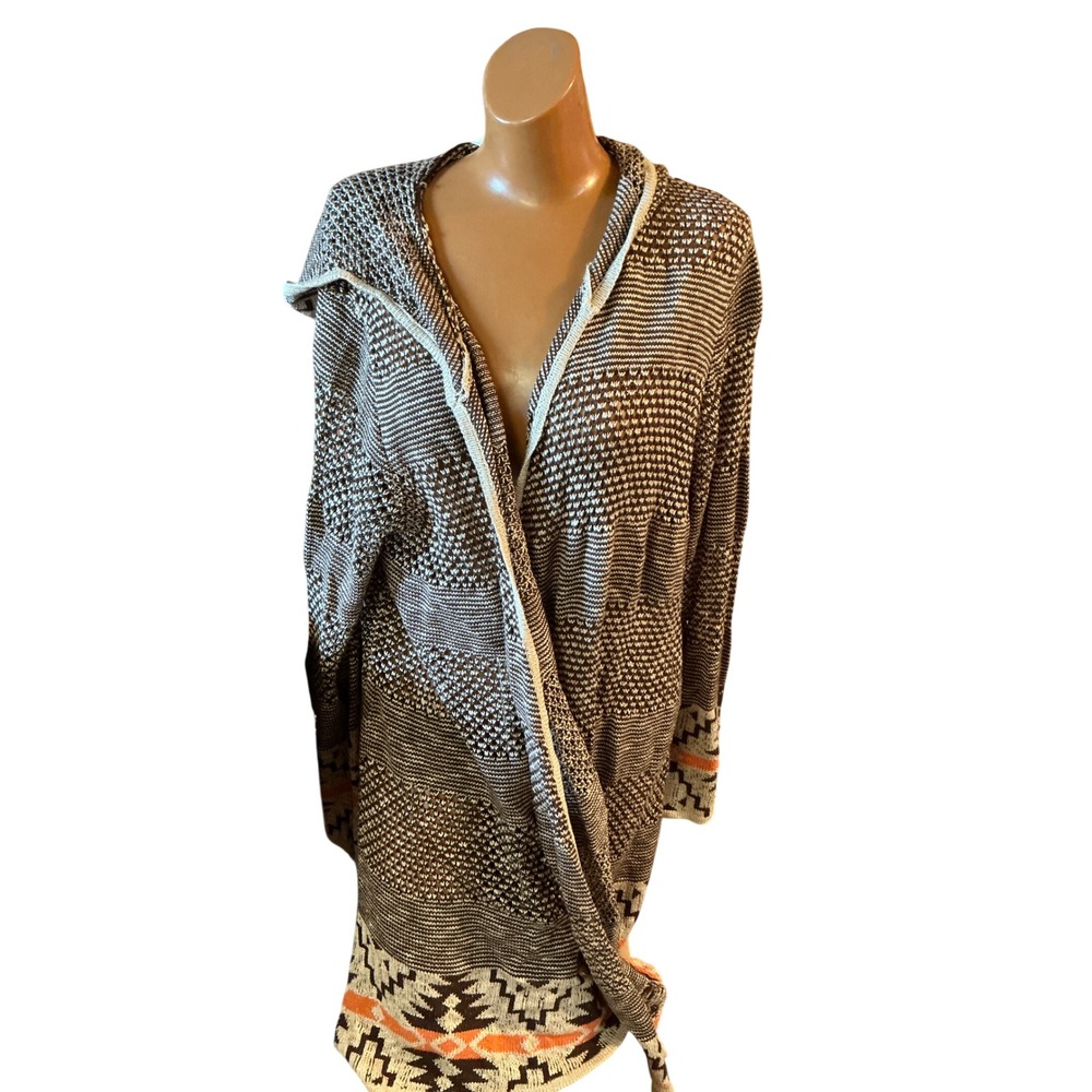 ONE‎ WORLD Southwestern Hooded Cardigan2X  Brown Orange Geometric Knit OS Boho
